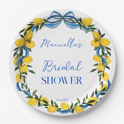 Citroenen blauwe lint bruiloftsfeestje monogram papieren bordje (Voorkant)