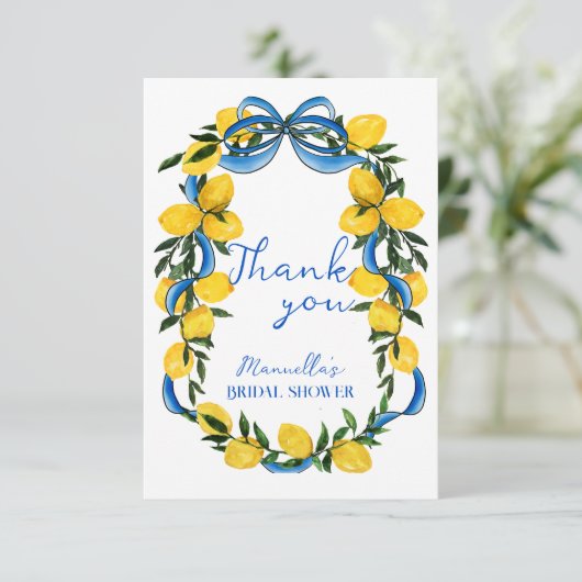 Citroenen blauwe lint Italiaanse bruidsdouche Bedankkaart (Staand voorkant)