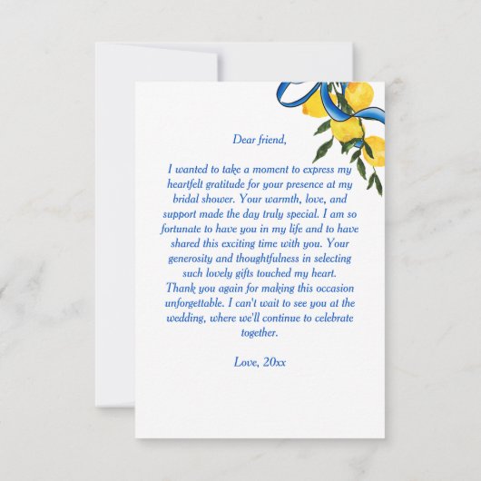 Citroenen blauwe lint Italiaanse bruidsdouche Bedankkaart (Achterkant)