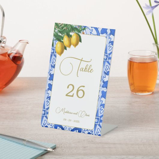 Citroenen Blauwe Tegel Elegant Eenvoudige Bruiloft Reclamebord Met Voetstuk (Insitu)