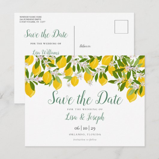 Citroenen Bloeien Elegante Script Bewaar de Datum Briefkaart (Voorkant / Achterkant)