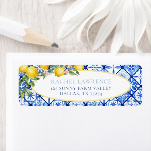 Citroenen Bloemendessert Italiaanse Blauwe Tegel R Etiket (Insitu)