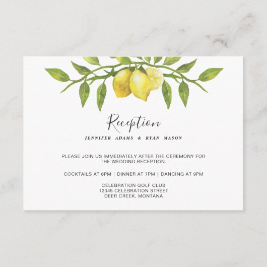 Citroenen bloesem groen bloemenbruiloft receptie informatiekaartje (Voorkant)