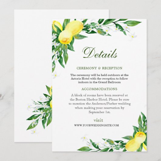 Citroenen Bruiloft Receptie Details Behuizing Kaar Kaart (Voorkant / Achterkant)