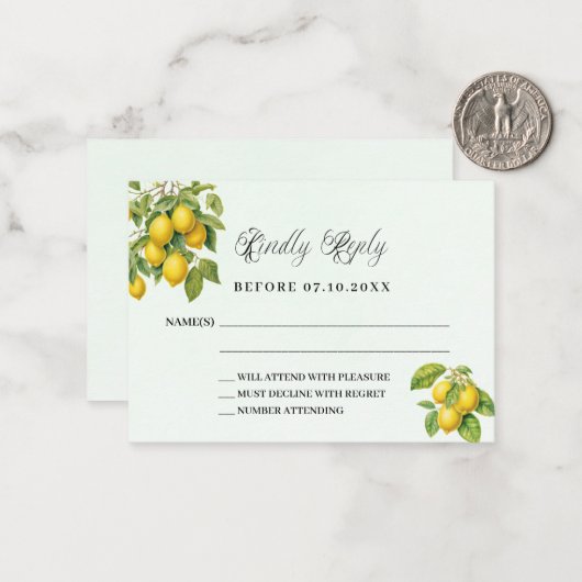 Citroenen citrus groen huwelijk reactie RSVP Notitiekaartje (Voorkant / Achterkant in situ)