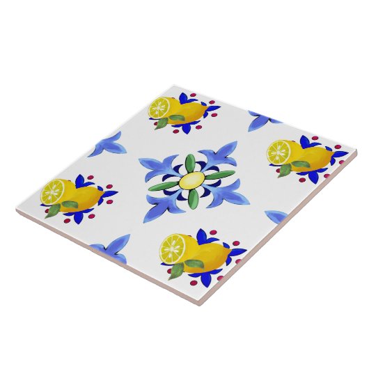 Citroenen, citrusvruchten, majolica tegeltje (Zijkant)