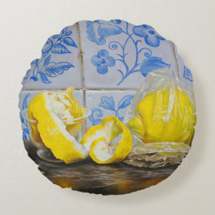 Citroenen en Azulejos — Klassiek Blauw & Geel Stil Rond Kussen