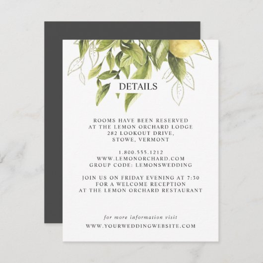 Citroenen en bladeren | Donker Chique BRUILOFT Det Informatiekaartje (Voorkant / Achterkant)
