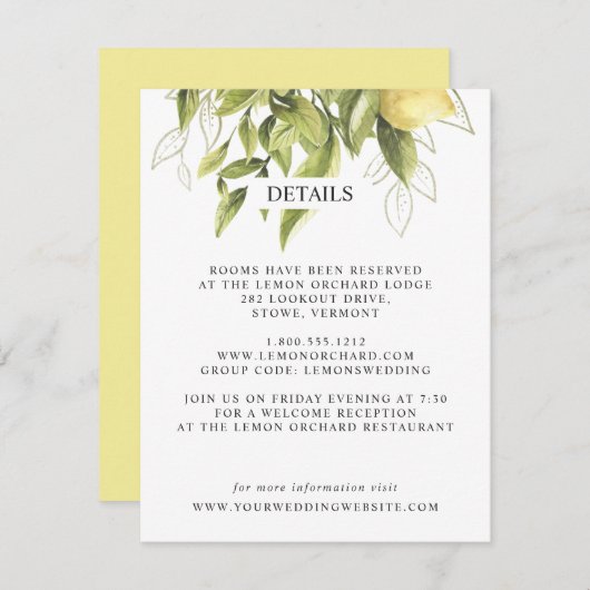 Citroenen en bladeren | Geel Chique BRUILOFT Detai Informatiekaartje (Voorkant / Achterkant)