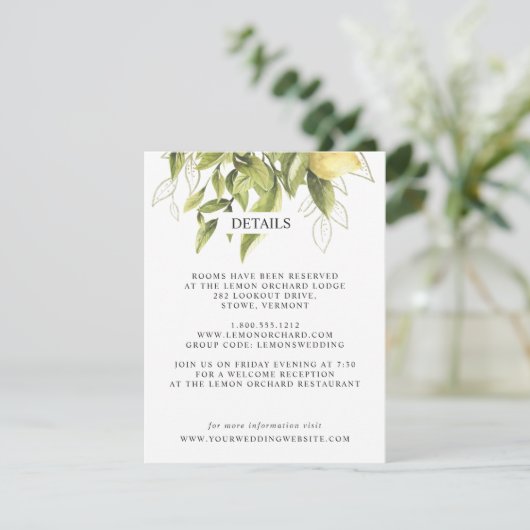 Citroenen en bladeren | Geel Chique BRUILOFT Detai Informatiekaartje (Staand voorkant)