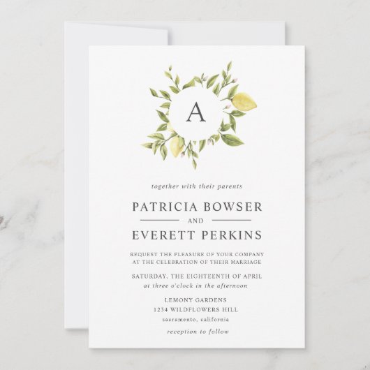 Citroenen en bladeren | Monogram Waterverf bruilof Kaart (Voorkant)