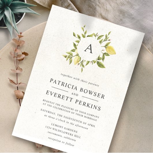 Citroenen en bladeren | Monogram Waterverf bruilof Kaart