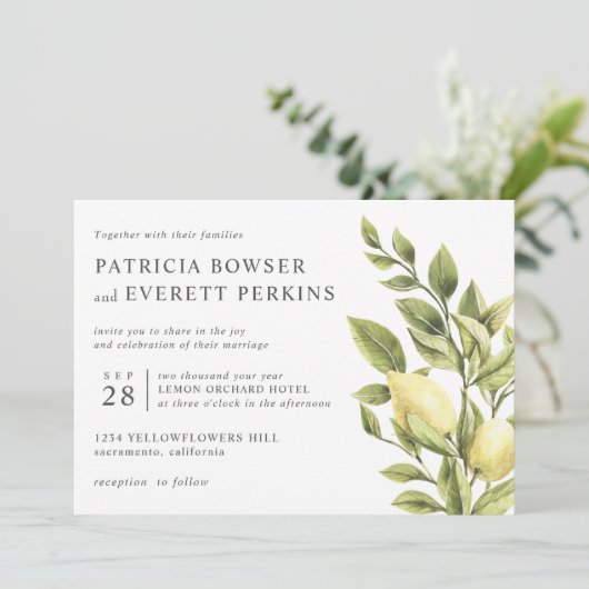 Citroenen en bladeren waterverf botanische bruilof kaart (Staand voorkant)