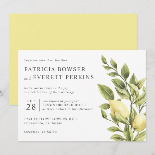 Citroenen en bladeren waterverf botanische bruilof kaart (Voorkant / Achterkant)