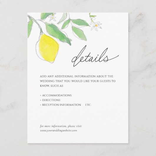 Citroenen en bladeren Waterverf Details Bruiloft Informatiekaartje (Voorkant)