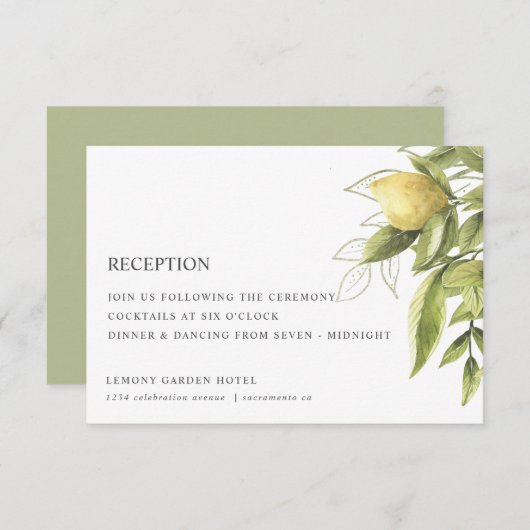 Citroenen en Bladgroen Chique BRUILOFT RECEPTIE Informatiekaartje (Voorkant / Achterkant)