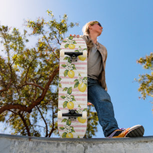  citroenen en bloemen op roze en witte strepen persoonlijk skateboard