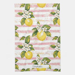  citroenen en bloemen op roze en witte strepen theedoek