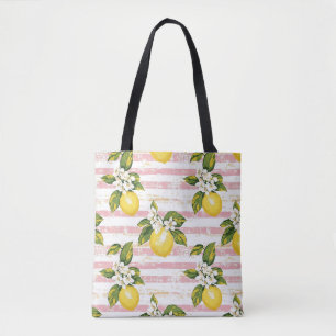  citroenen en bloemen op roze en witte strepen tote bag