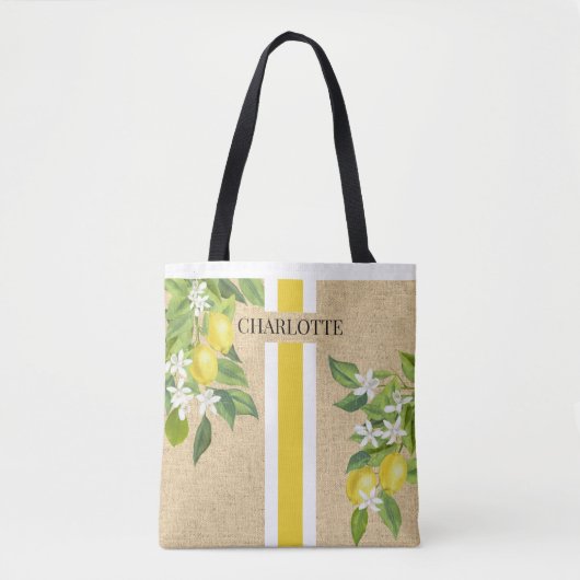 Citroenen en bloesems Monogram Faux Burlap Jute Tote Bag (Voorkant)