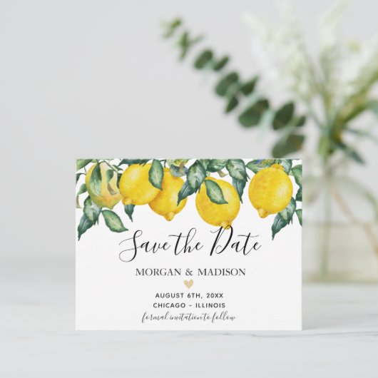 Citroenen en groen redden de datum briefkaart (Staand voorkant)