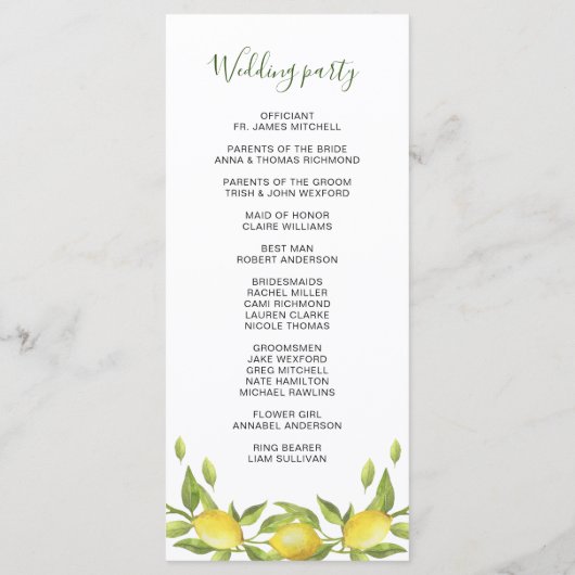 Citroenen en groen Waterverf Trouwceremonie Programmakaart (Achterkant)