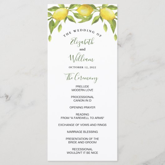 Citroenen en Groene Waterverf Trouwceremonie Programmakaart (Voorkant)