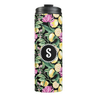 Citroenen en Tulpen Bloemenpatroon | Citrusmonogra Thermosbeker