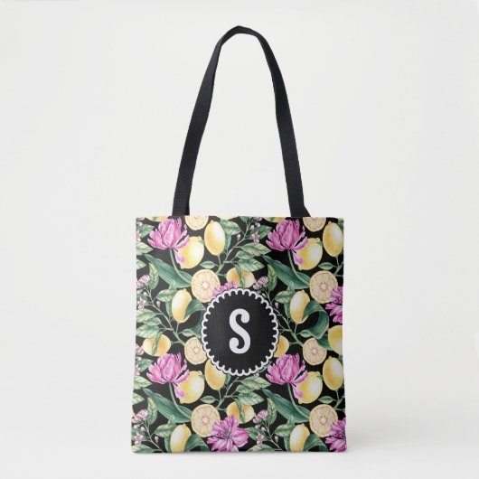 Citroenen en tulpen bloempatroon | citrusmonogram tote bag (Voorkant)