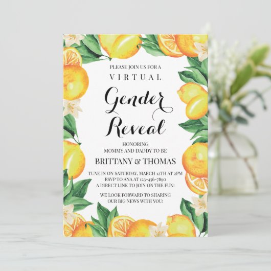 Citroenen geslacht onthulling uitnodiging aangepas (Staand voorkant)