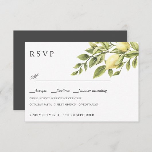 Citroenen | Grijze BRUILOFT RSVP MAALTIJD KEUZE (Voorkant / Achterkant)