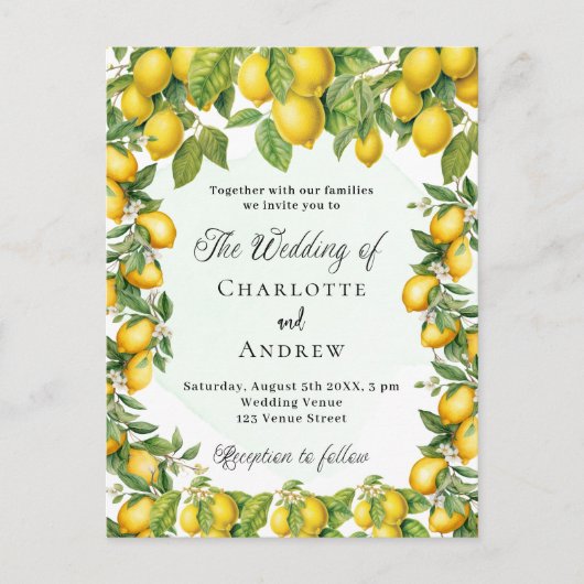 Citroenen groen elegante bruiloft uitnodiging briefkaart (Voorkant)