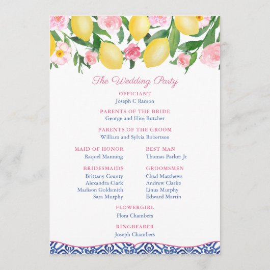 Citroenen Hot Roze Amalfi Italiaans Blauw Tegels B Programmakaart (Achterkant)