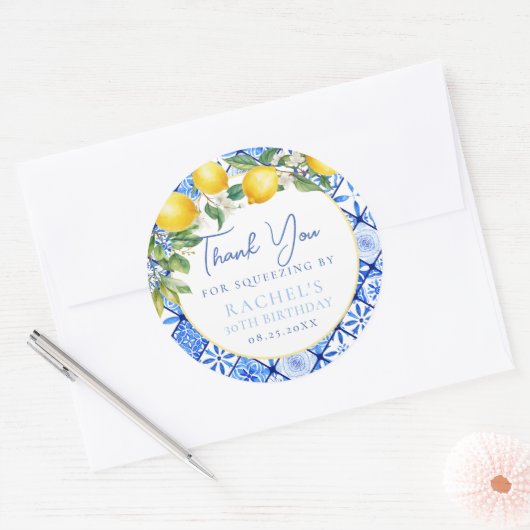 Citroenen Italiaans Blauw Tegels Verjaardag Bedank Ronde Sticker (Envelop)