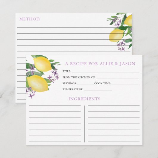 Citroenen Lavendel Recept Kaart met Paar Namen (Voorkant / Achterkant)
