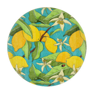 Citroenen, lieveheersbeestjes, bloesems op Blauwgr Snijplank