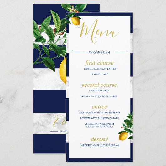 Citroenen Marine Witte Marmer Zomer Monogram Menu (Voorkant / Achterkant)