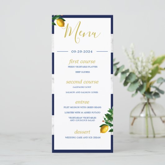 Citroenen Marine Witte Marmer Zomer Monogram Menu (Staand voorkant)