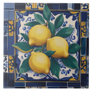 Citroenen Mediterraan Donkerblauw en Goudgeel Tegeltje