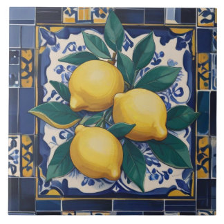 Citroenen Mediterraan Donkerblauw en Goudgeel Tegeltje