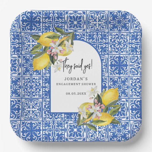 Citroenen & Mediterraan Tegel Ze Zeiden Ja Douche Papieren Bordje (Voorkant)