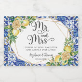 Citroenen Mediterraans Blauw Mozaïek Tegels Bruilo Sparkling Wijnetiket (Enkel label)