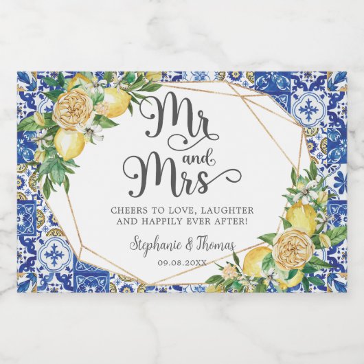 Citroenen Mediterraans Blauw Mozaïek Tegels Bruilo Sparkling Wijnetiket (Enkel label)