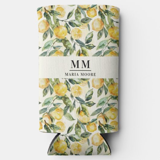 Citroenen monogram initiaal naam seltzer blikjeskoeler (Voorkant)