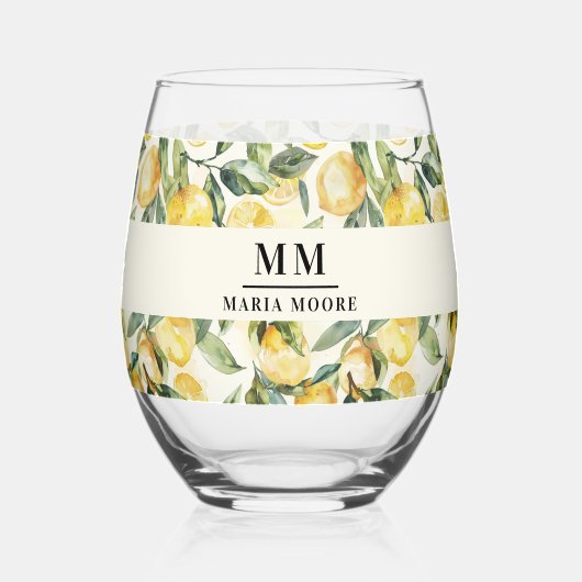 Citroenen monogram initialen naam wijnglas zonder voet (Achterkant)
