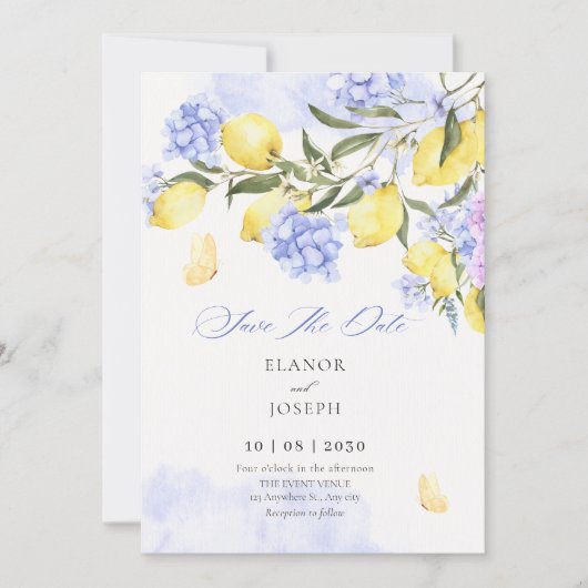 Citroenen paarse bloemenbruiloft save the date (Voorkant)