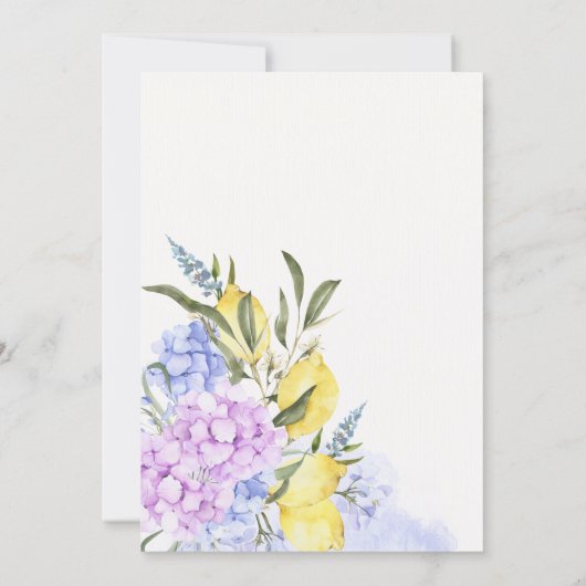 Citroenen paarse bloemenbruiloft save the date (Achterkant)