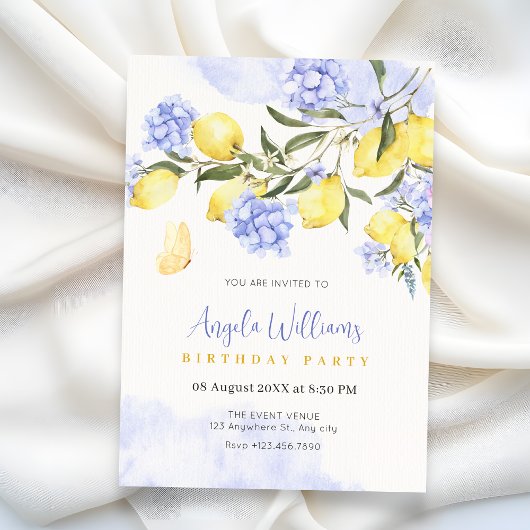 Citroenen paarse bloemenverjaardag kaart