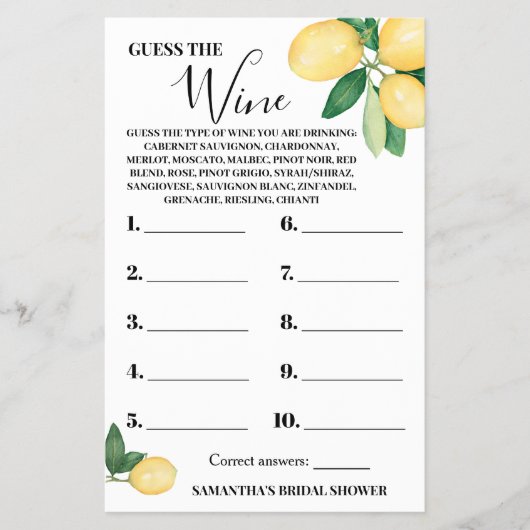 Citroenen Raad de Wijn Koppels Douche Game Kaart (Voorkant)