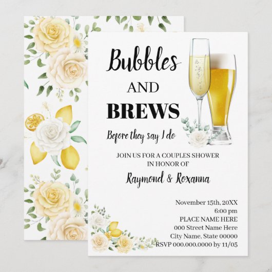 Citroenen & Rozen, bubbels en breikoppels, douche Kaart (Voorkant / Achterkant)